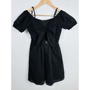 ZARA Black Eyelet Mini Dress Embroidered Tie Front Women’s Size XS